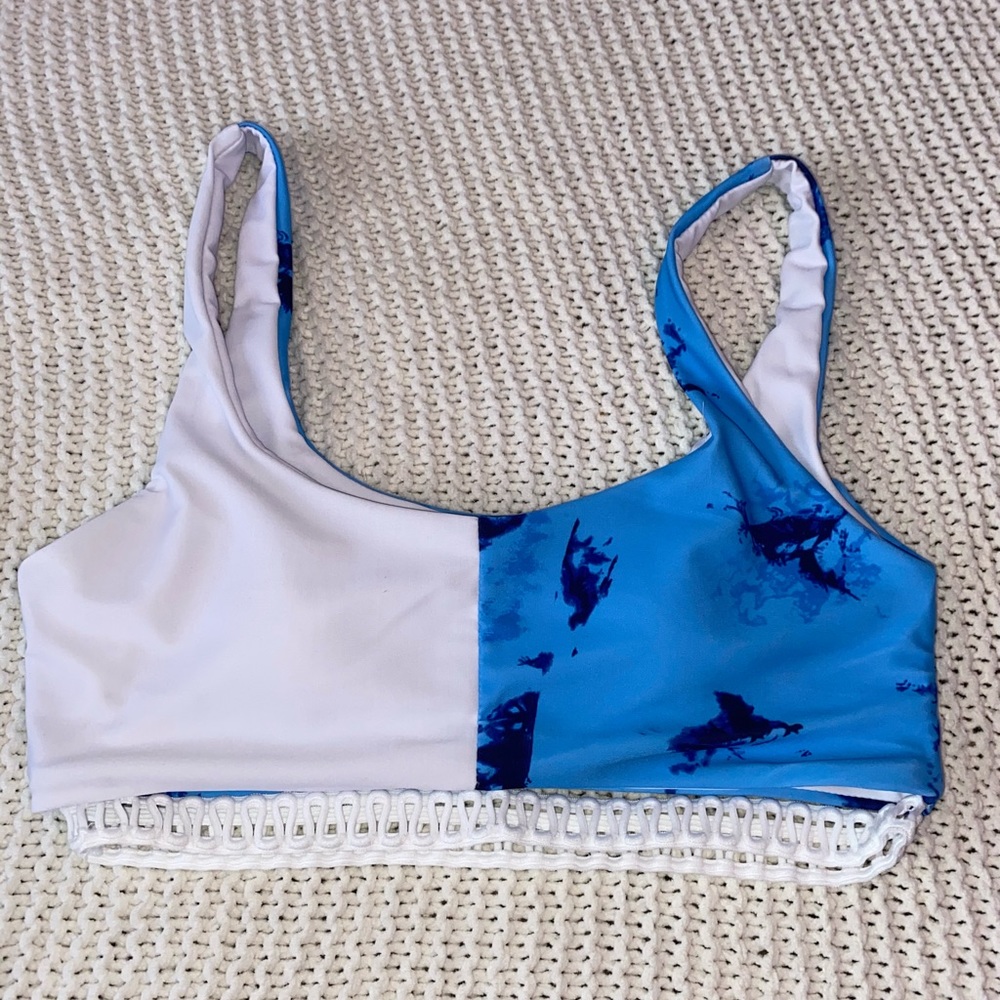 blue and white wrap bikini top